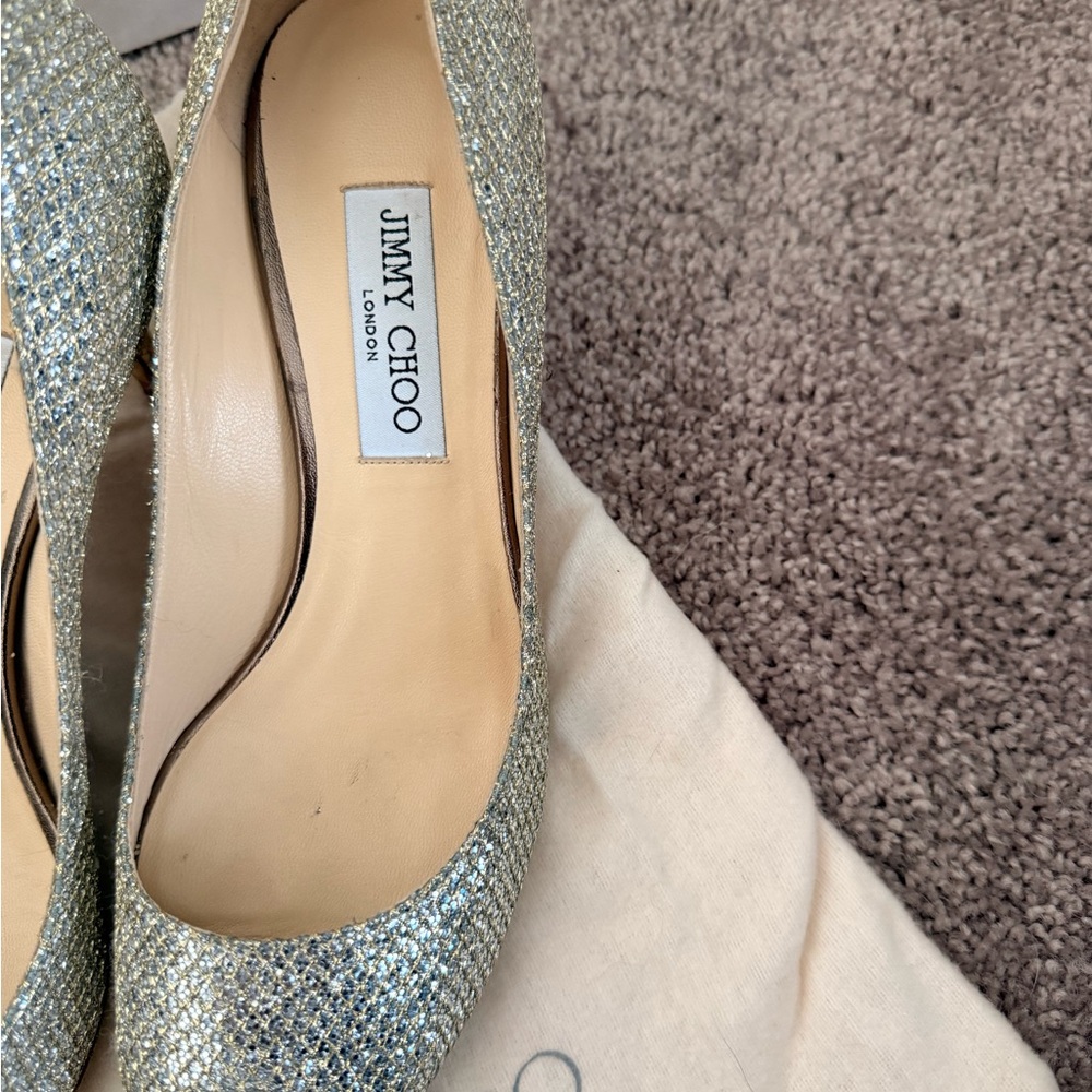 Jimmy Choo Glitter Peep Toe Heels - Picture 4 of 9